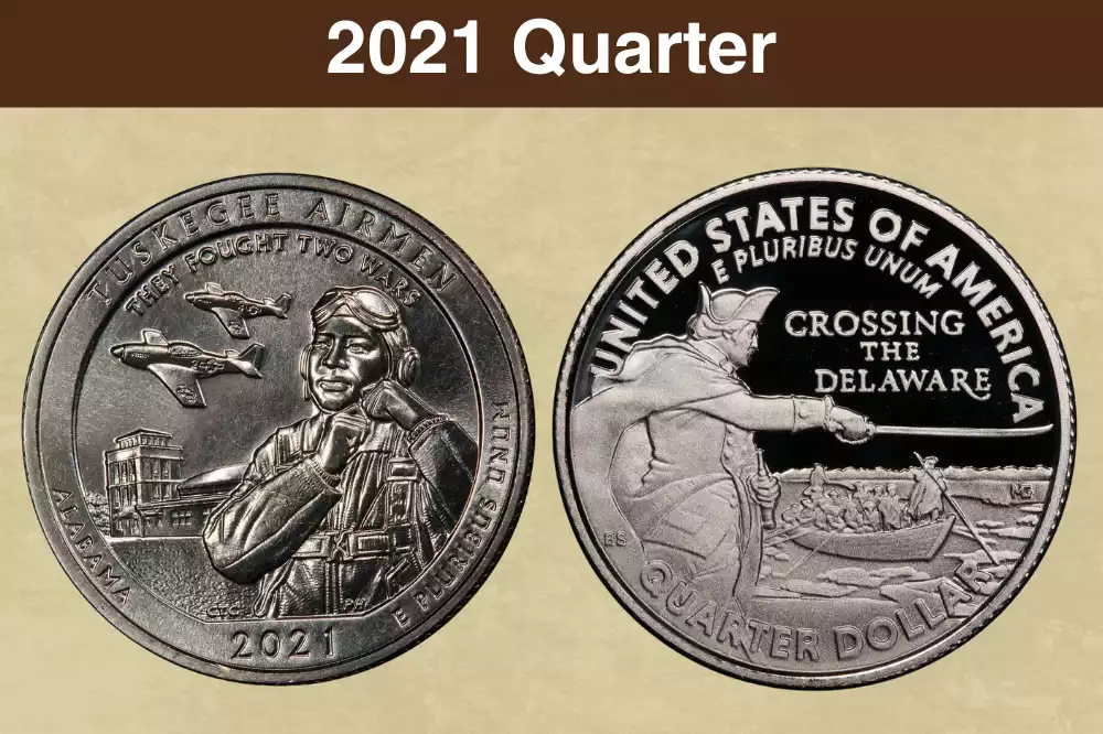 2021 Washington Crossing the Delaware quarter obverse and reverse, showing John Flanagan's Washington portrait and Emanuel Leutze's famous river crossing scene