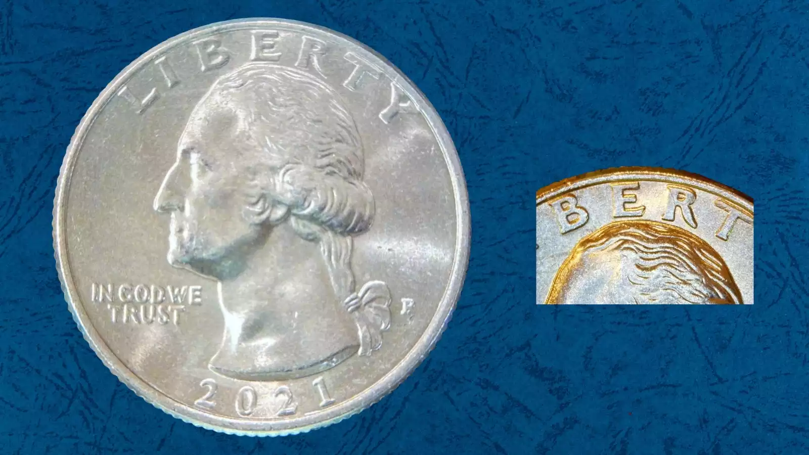 2021 Crossing the Delaware quarter self-checker comparison — normal obverse (left) vs Lip Mole and Snake Eye die chip error (right) with diagnostic features labeled