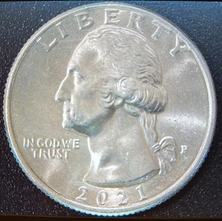 2021 quarter Doubled Die Obverse (DDO) error — magnified view showing doubled LIBERTY lettering and IN GOD WE TRUST motto with clear letter separation