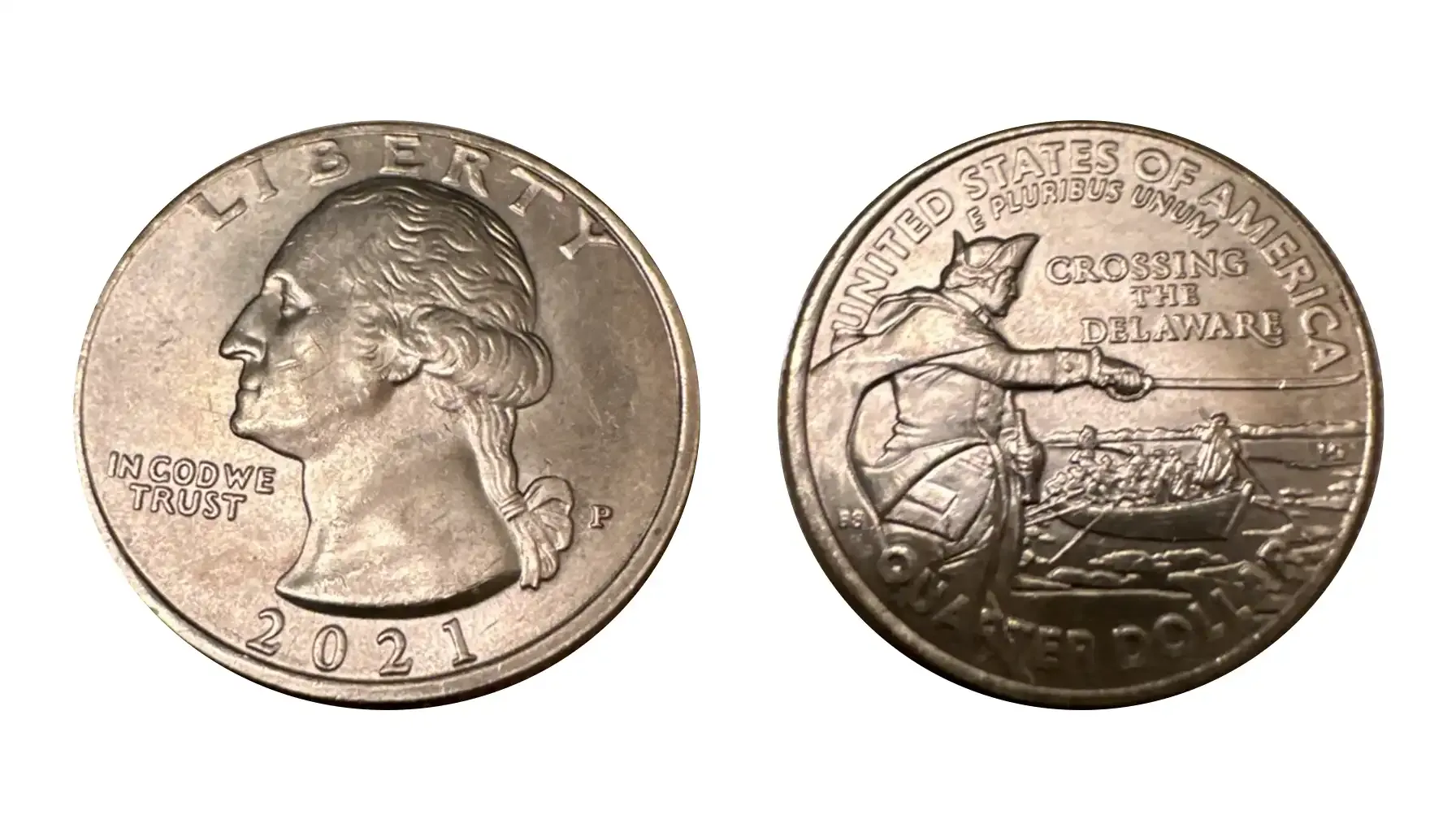 Group of 2021 quarters showing both Tuskegee Airmen and Crossing the Delaware designs from multiple mints — P, D, and S mint marks visible