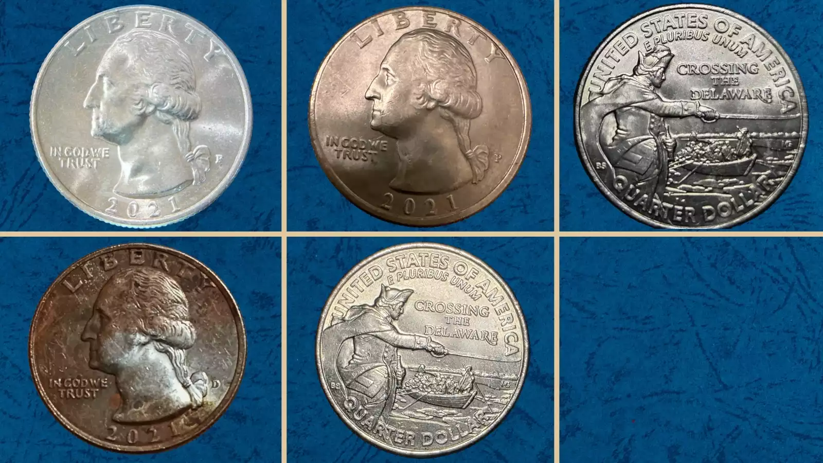 2021 quarter grading strip — four coins showing progressive condition from Good (G) heavily worn through Fine, About Uncirculated, and Mint State gem condition